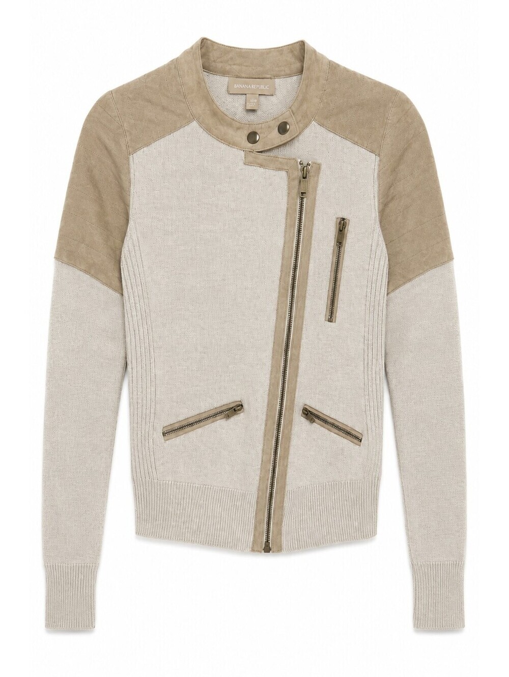 Banana Republic Moto Sweater Jacket XS Merino Wool Blend Faux Suede Zip Beige